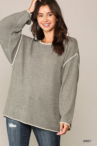 Two-tone Sold Round Neck Sweater Top With Piping Detail Look Up Deals
