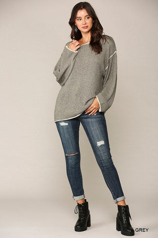 Two-tone Sold Round Neck Sweater Top With Piping Detail Look Up Deals